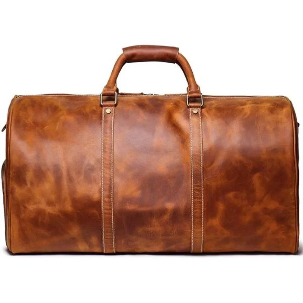 24 Inch Leather Travel Weekend Luggage Bag with Ykk Zipper Mens Duffle Retro